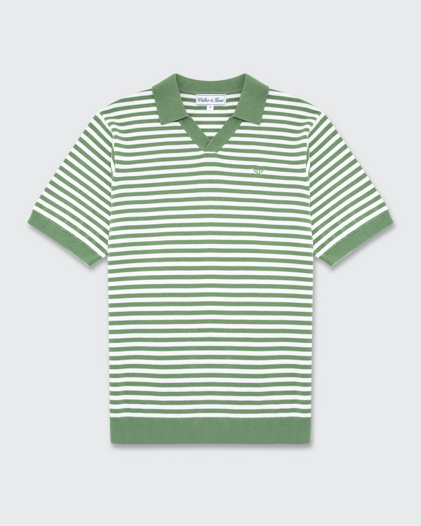 Walker & Hunt Milton Knitted Striped Polo Sage Cream 100% Cotton V-Neck