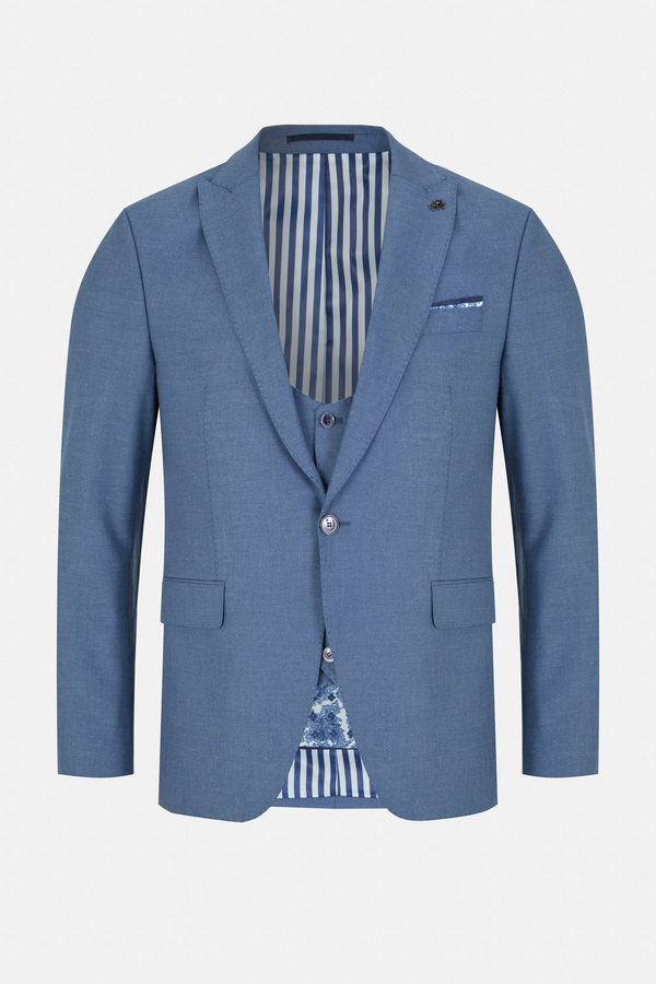 Travis by Benetti Carlos Cobalt Blue Slim Fit Three-Piece Suit – Scoop Waistcoat & Pleated Trousers