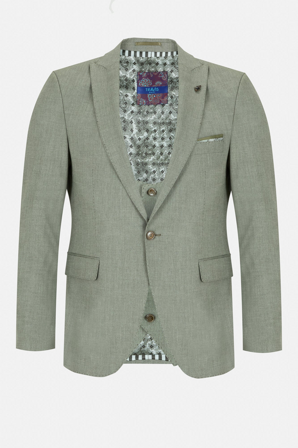 Travis by Benetti Carlos Sage Slim Fit Three-Piece Suit – Scoop Waistcoat & Pleated Trousers