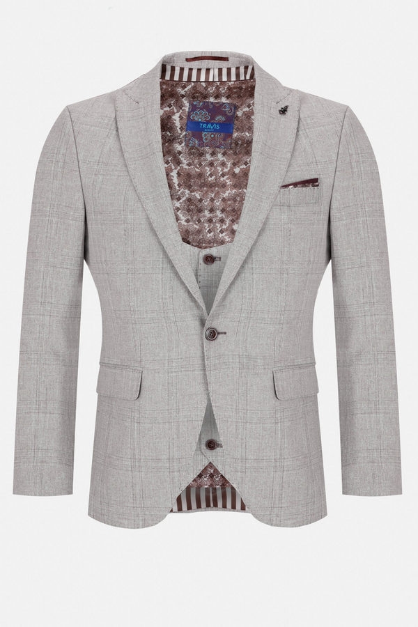 Travis by Benetti Eiffel Stone with a Subtle Check Super Slim Fit Three-Piece Suit