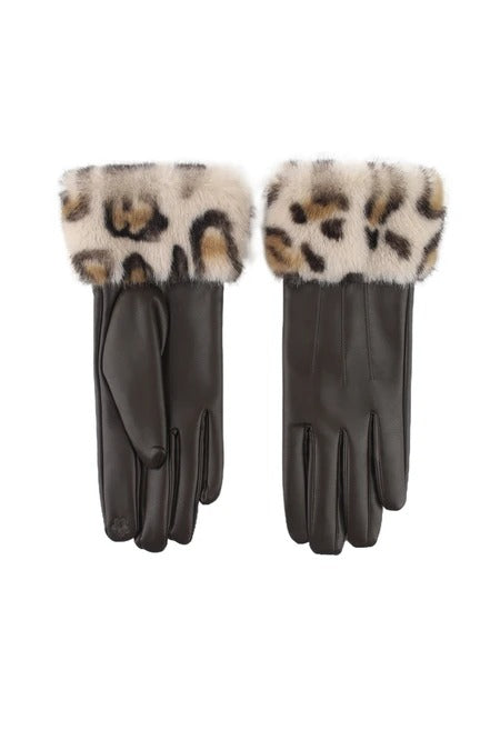 Phanie Mode Faux Leather Gloves with Leopard Print Faux Fur Cuffs G-92031AH MO - Mocha