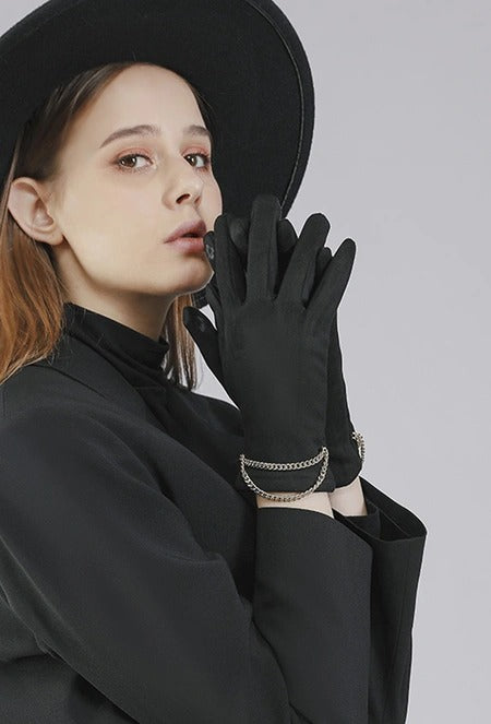 MM Sweet Faux Suede Gloves with Chain Wrist Detail G1591 BLK - Black
