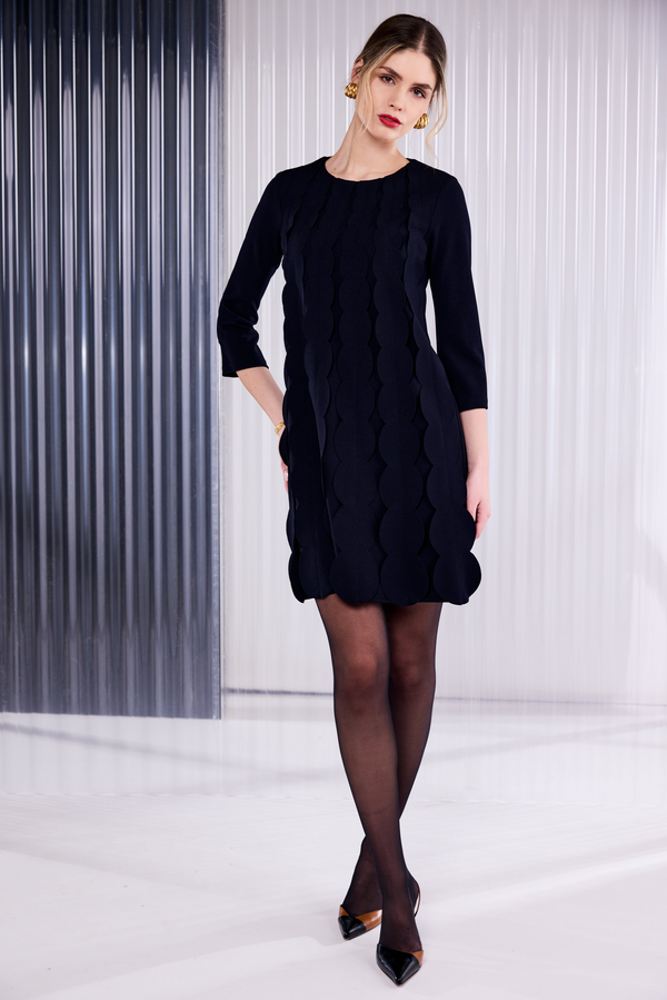 Kate Cooper Round Neck Dress with Scallop Front - In Black KCAW26135