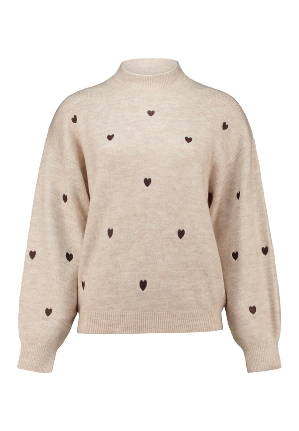 Hailys Pa44ige Heart Pattern High Neck Knit Jumper MOT-2601003 - Beige Marl / Cocoa Hearts