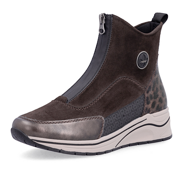 Rieker Wide Fit Front-Zip Ankle Boot with Leopard Detail - Brown Combi SKU N9554-25