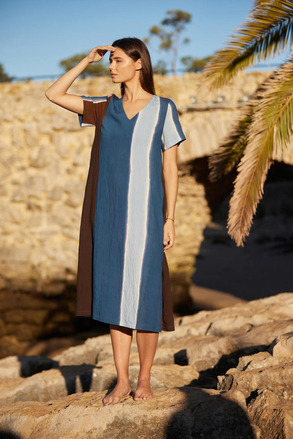 Peruzzi Multi Stripe Watercolour Dress Blue & Brown S26205