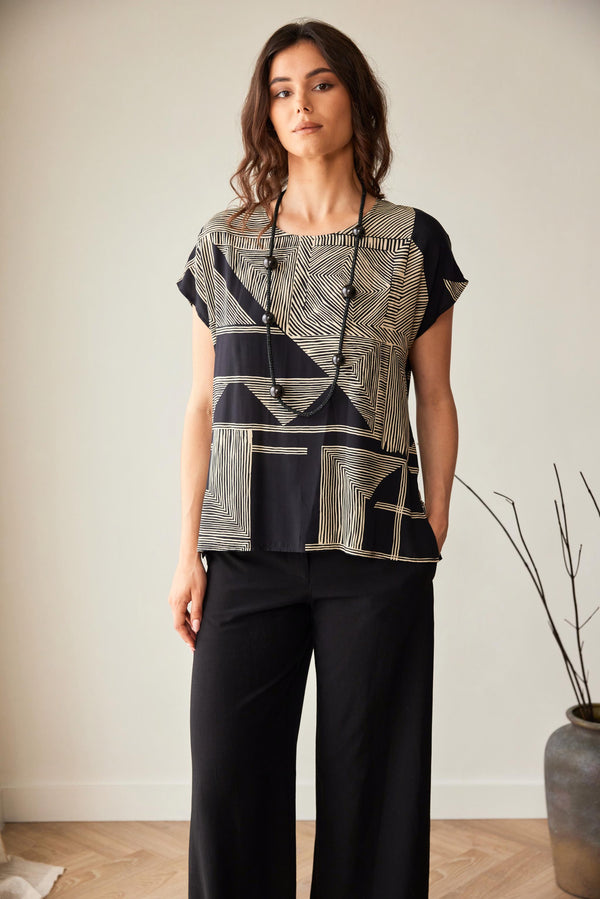 Peruzzi Black & Gold Geometric Print Cap Sleeve Top