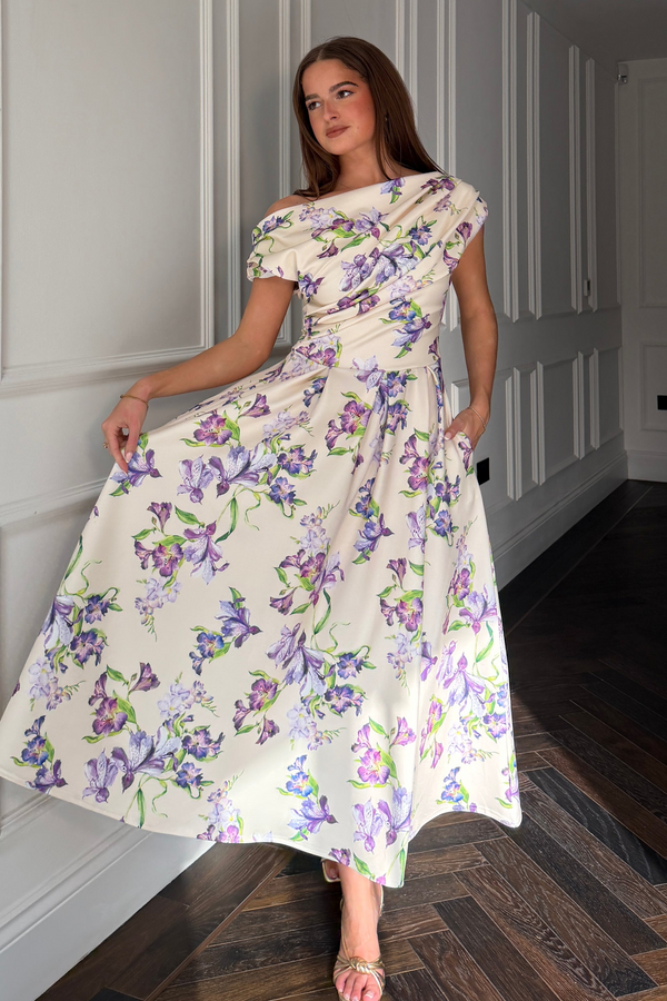 Girl In Mind Yellow & Purple Floral Betty SI8987-Z Asymmetric Skater Midi Dress