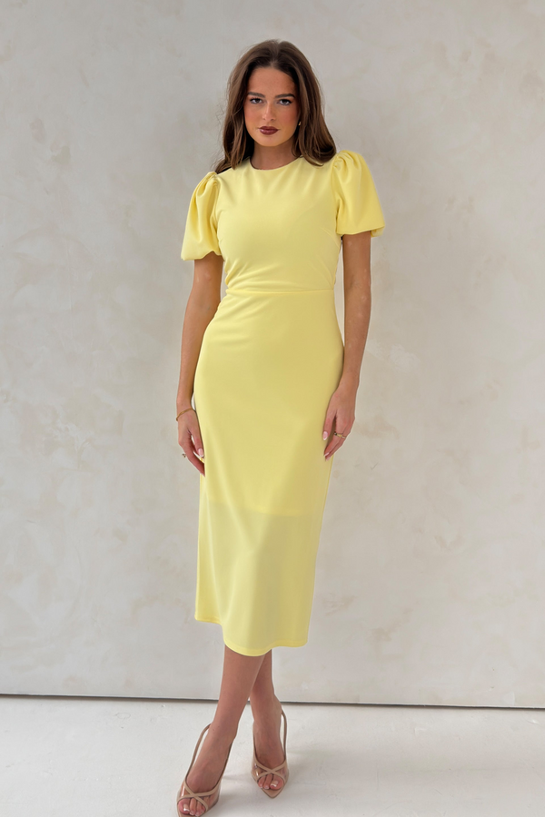 Girl In Mind Yellow Sue SI9138-A Romantic Puff Sleeve Round Neck Midi Dress