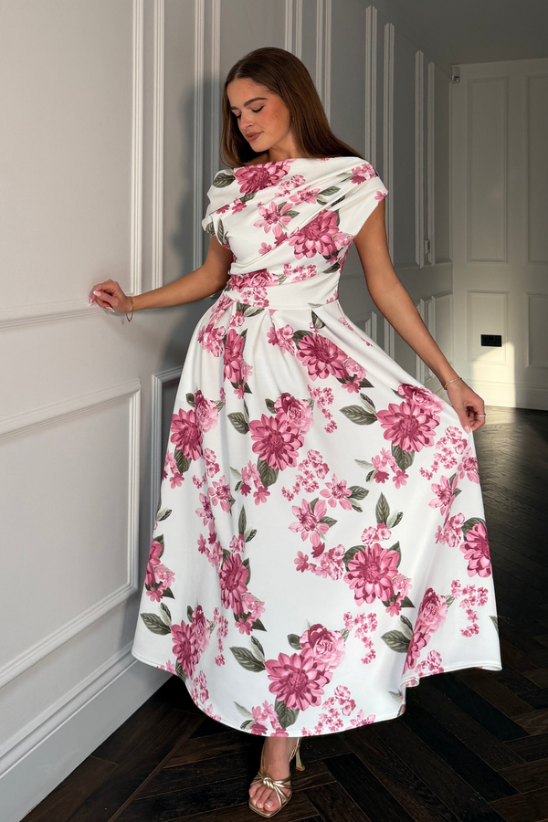 Girl In Mind Pink Floral Betty SI9258-B Asymmetric Skater Midi Dress