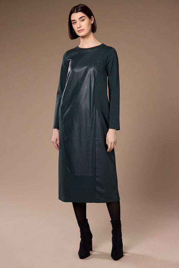 Peruzzi Contrast Faux Leather Panel Midi Dress W26184 - Green