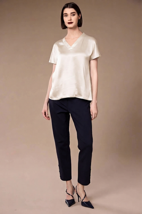 Peruzzi V-Neck Luminous Satin Short-Sleeve Top W26191 - Ecru
