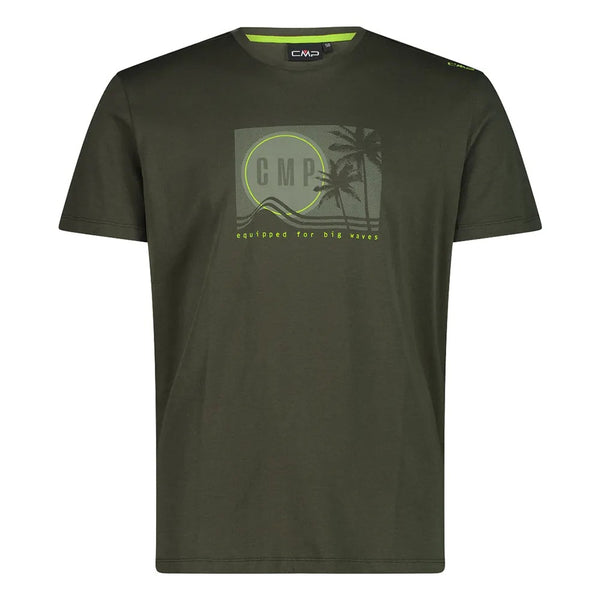 CMP Mens Oil Green Organic Cotton Tropical Print Beach T Shirt 30T9367