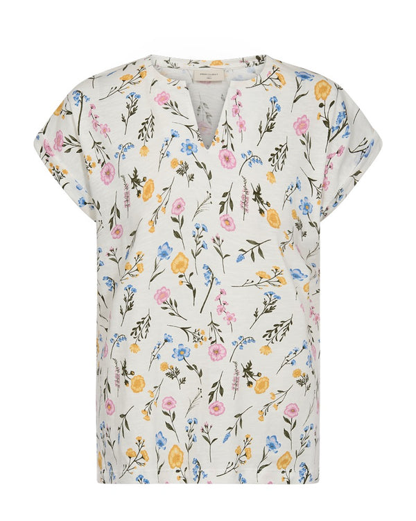 Freequent Viva Tee Floral Star Off-White Golden Haze Organic Cotton V-Neck 207664