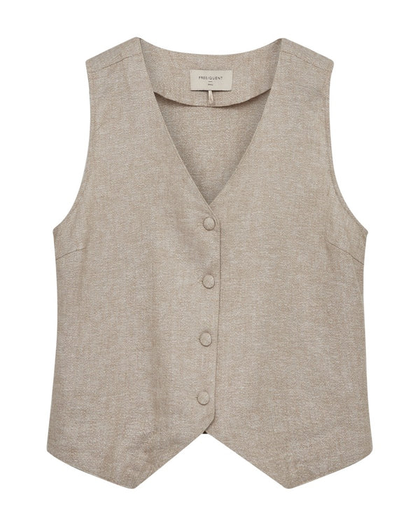 Freequent FQVASI Waistcoat Sand Melange Silver Metallic Thread Linen Blend V-Neck