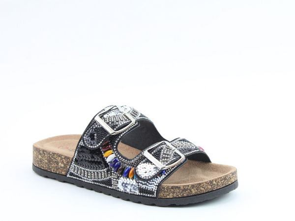 Heavenly Feet Jess Sandal Black Sequin Diamante Vegan Friendly 3cm Sole