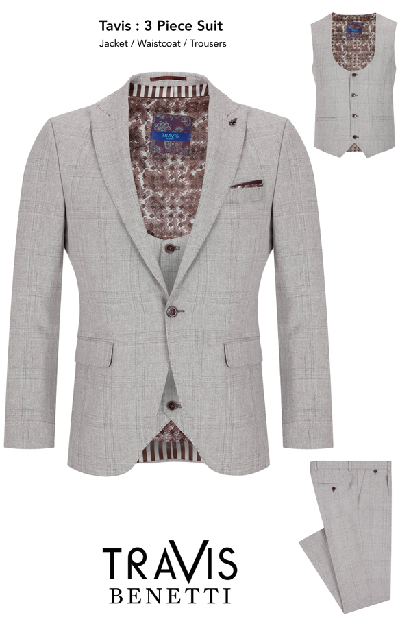 Travis by Benetti Eiffel Stone with a Subtle Check Super Slim Fit Three-Piece Suit