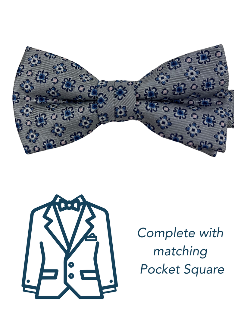 Zazzi Boys Silver Pre-Tied Bow Tie & Pocket Square Set 6312-1