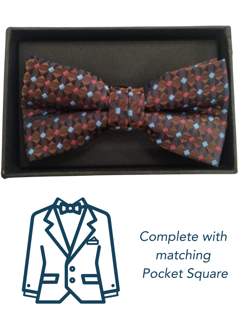 Zazzi Boys Diamond Red/Brown Pre-Tied Bow Tie & Pocket Square Set